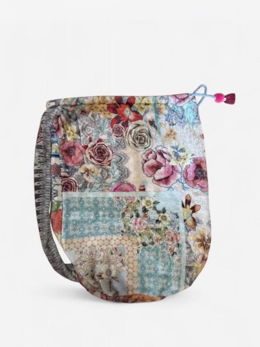 Johnny Was Floral Patchwork Drawstring Crossbody Bag - Pink Blue